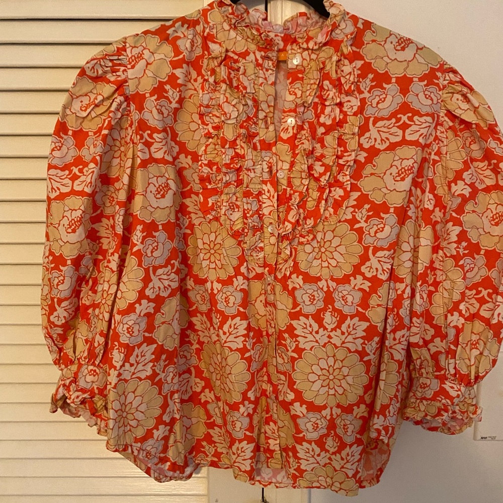 Oliphant Ruffled Floral Blouse - Vibrant Orange and Cream